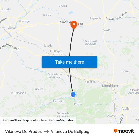 Vilanova De Prades to Vilanova De Bellpuig map