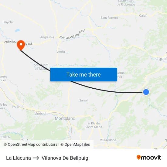 La Llacuna to Vilanova De Bellpuig map