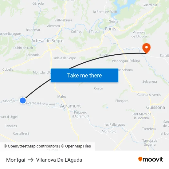 Montgai to Vilanova De L'Aguda map