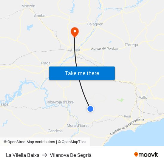 La Vilella Baixa to Vilanova De Segrià map