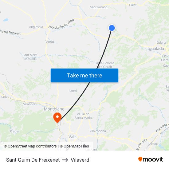 Sant Guim De Freixenet to Vilaverd map