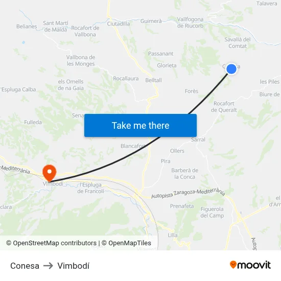 Conesa to Vimbodí map