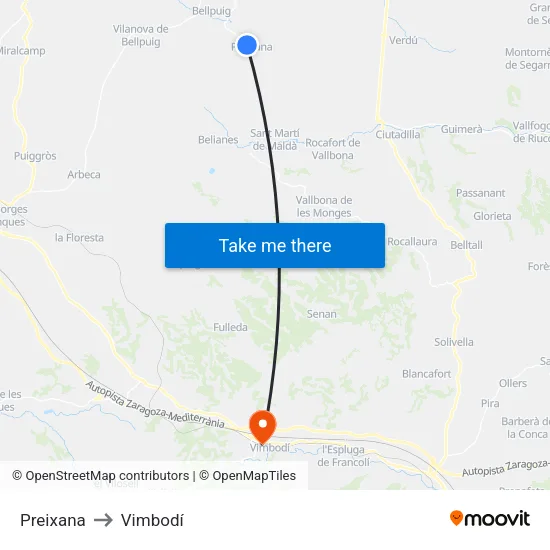 Preixana to Vimbodí map