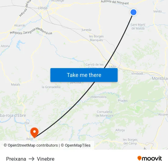Preixana to Vinebre map