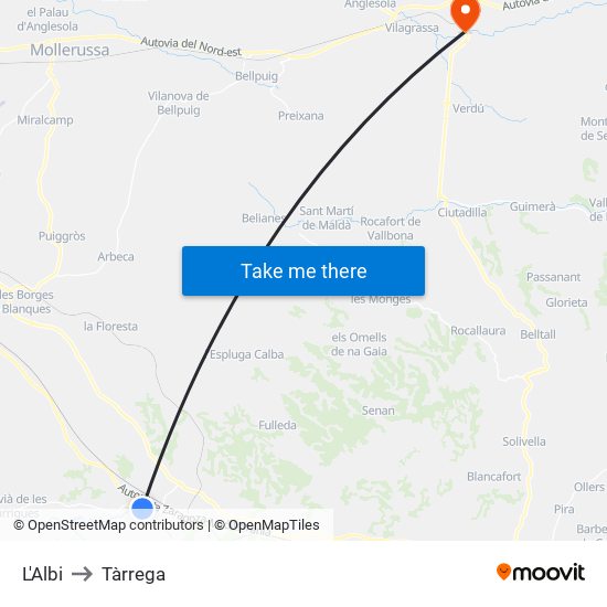 L'Albi to Tàrrega map