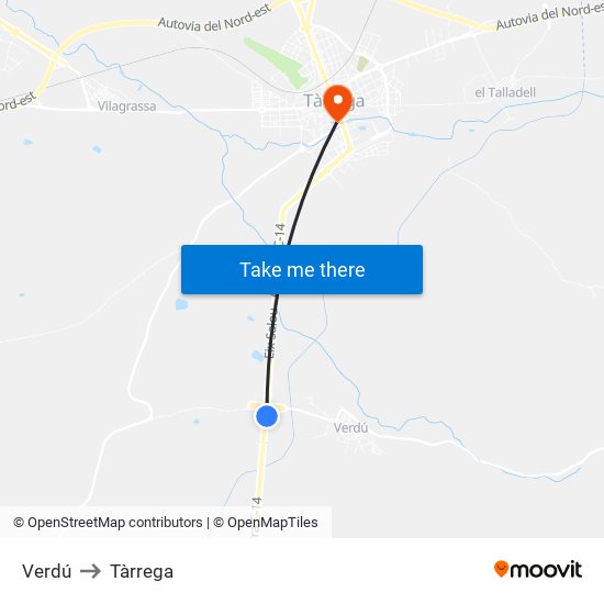 Verdú to Tàrrega map