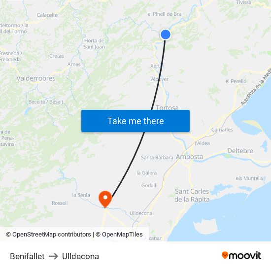 Benifallet to Ulldecona map