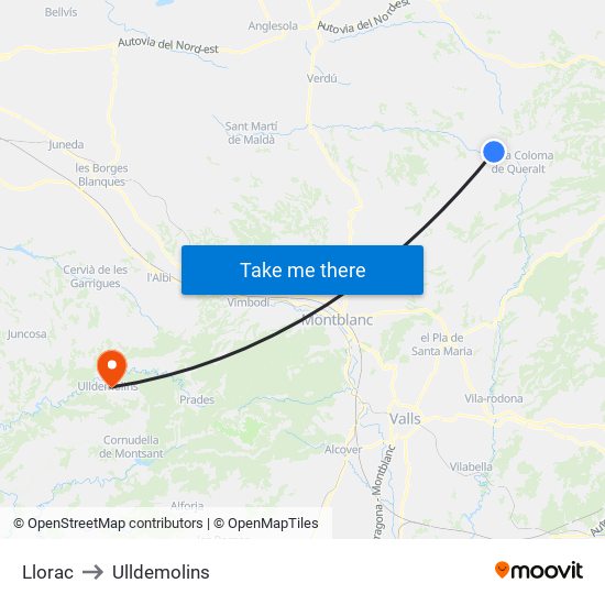 Llorac to Ulldemolins map