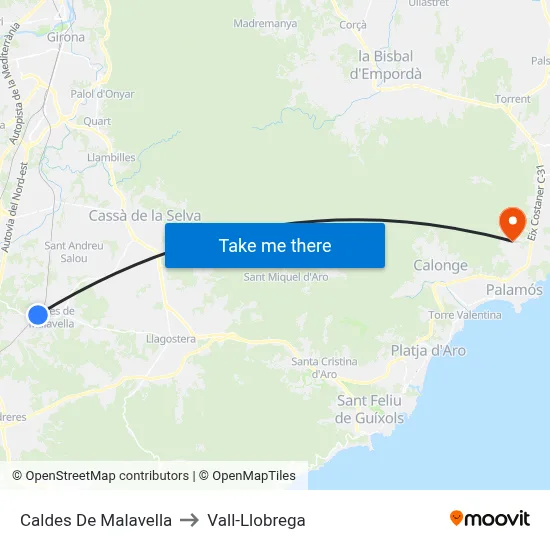 Caldes De Malavella to Vall-Llobrega map