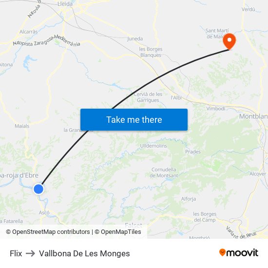 Flix to Vallbona De Les Monges map
