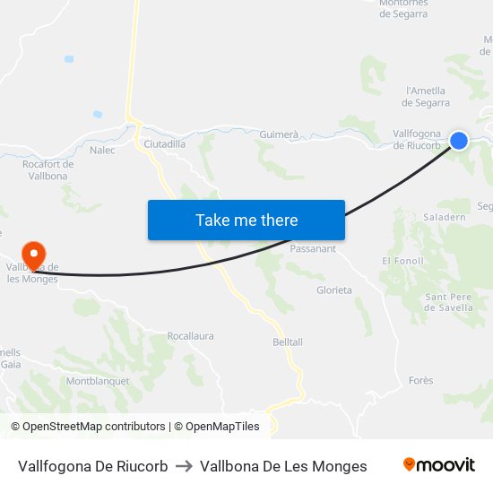 Vallfogona De Riucorb to Vallbona De Les Monges map