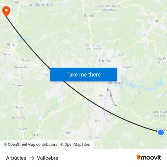 Arbúcies to Vallcebre map