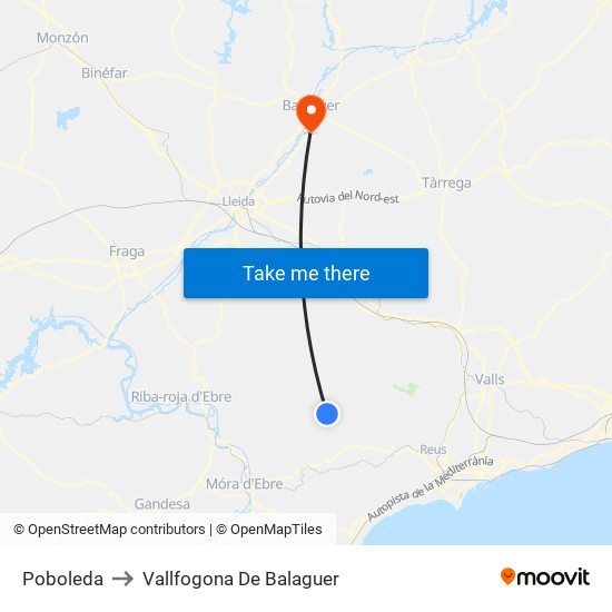 Poboleda to Vallfogona De Balaguer map