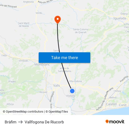 Bràfim to Vallfogona De Riucorb map