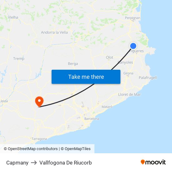 Capmany to Vallfogona De Riucorb map