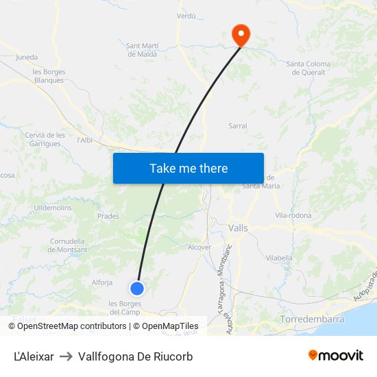 L'Aleixar to Vallfogona De Riucorb map