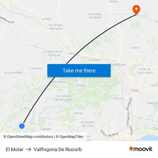 El Molar to Vallfogona De Riucorb map