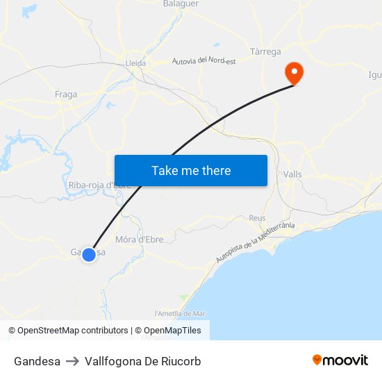 Gandesa to Vallfogona De Riucorb map