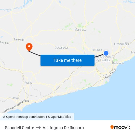 Sabadell Centre to Vallfogona De Riucorb map