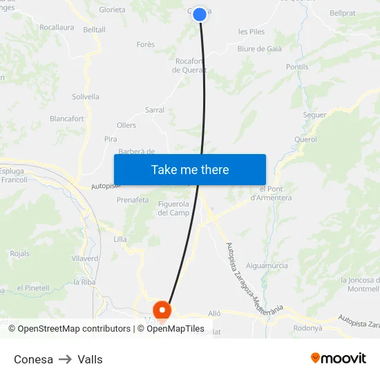 Conesa to Valls map