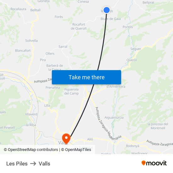 Les Piles to Valls map