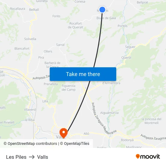 Les Piles to Valls map