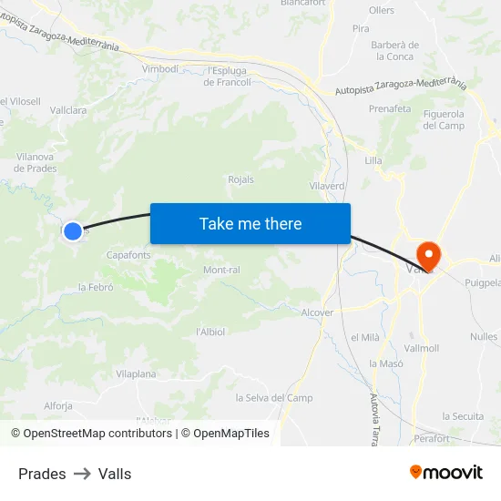 Prades to Valls map