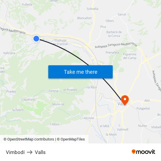 Vimbodí to Valls map