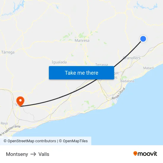 Montseny to Valls map