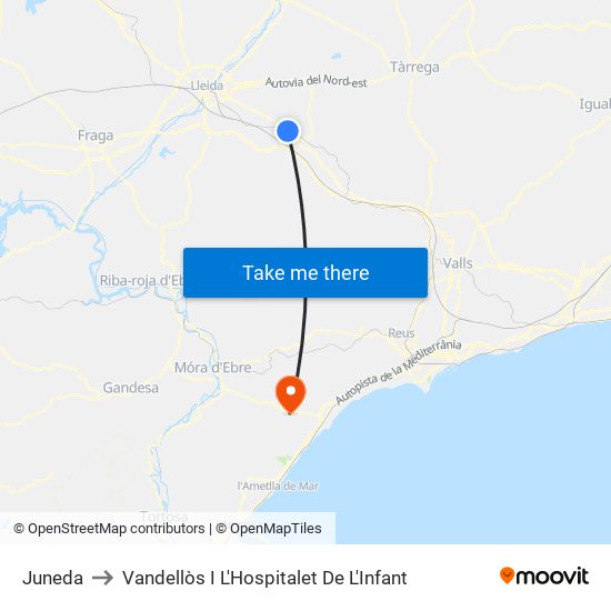 Juneda to Vandellòs I L'Hospitalet De L'Infant map