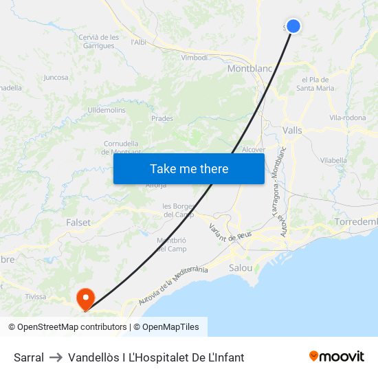 Sarral to Vandellòs I L'Hospitalet De L'Infant map