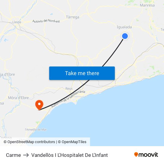 Carme to Vandellòs I L'Hospitalet De L'Infant map