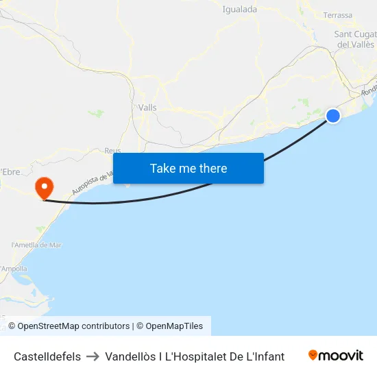 Castelldefels to Vandellòs I L'Hospitalet De L'Infant map