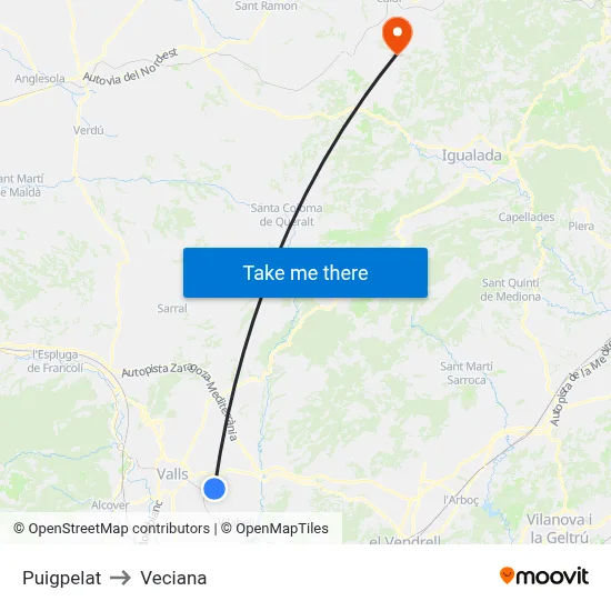 Puigpelat to Veciana map