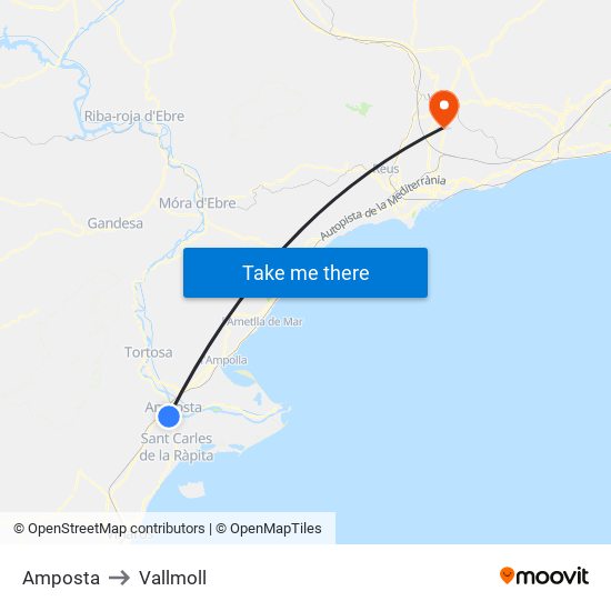 Amposta to Vallmoll map