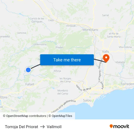 Torroja Del Priorat to Vallmoll map