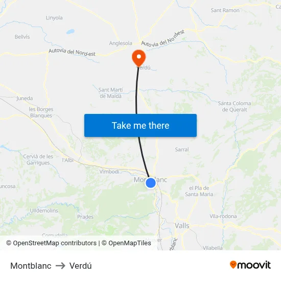 Montblanc to Verdú map