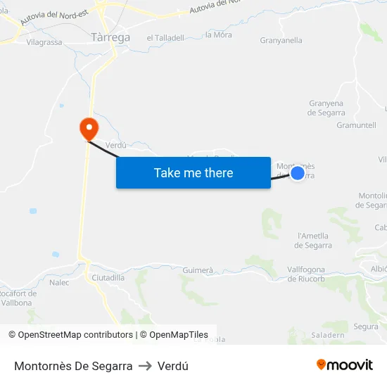 Montornès De Segarra to Verdú map