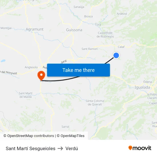 Sant Martí Sesgueioles to Verdú map