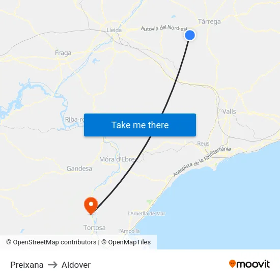 Preixana to Aldover map