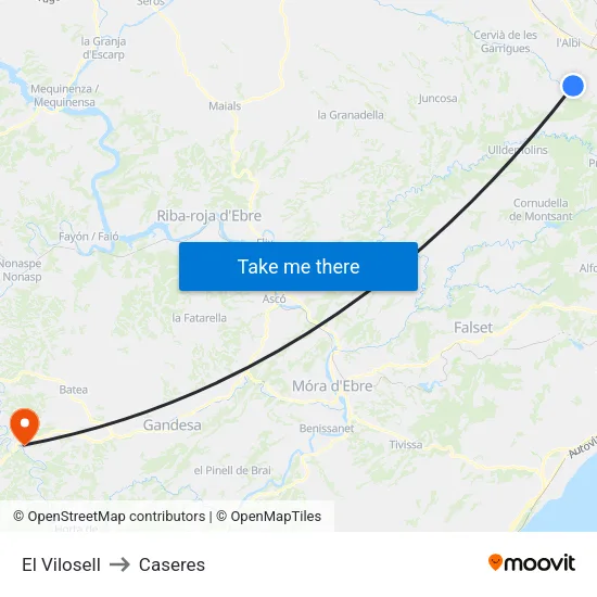 El Vilosell to Caseres map