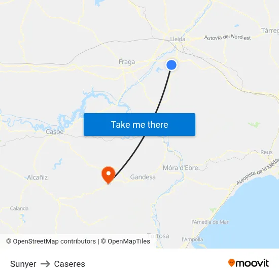 Sunyer to Caseres map