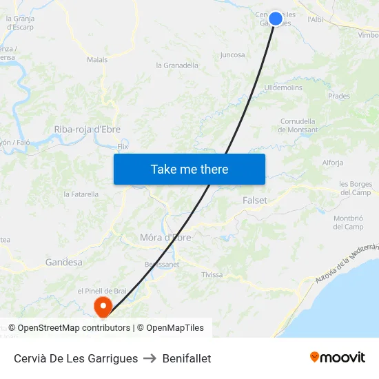Cervià De Les Garrigues to Benifallet map