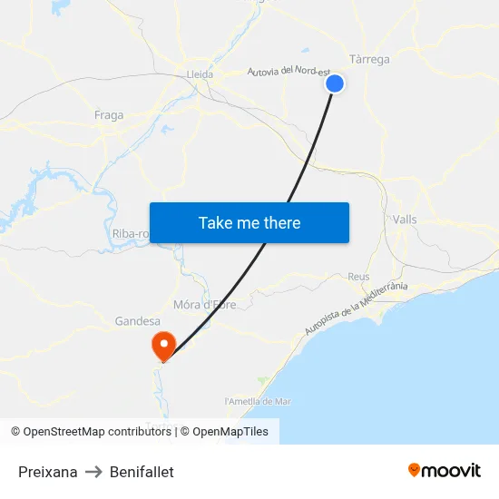 Preixana to Benifallet map