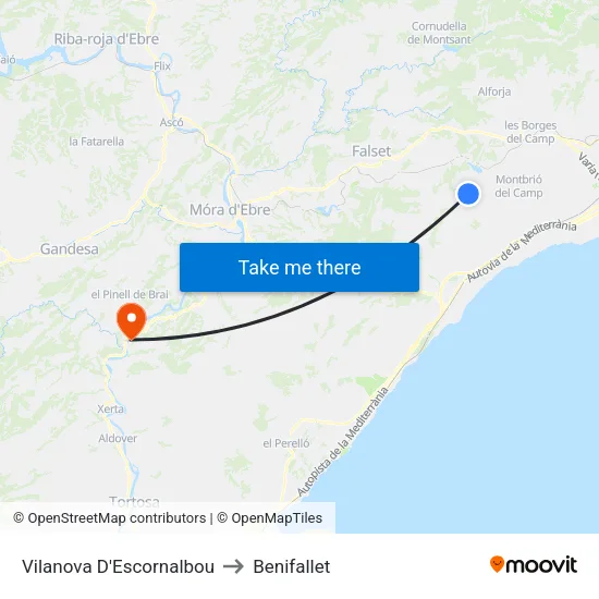 Vilanova D'Escornalbou to Benifallet map