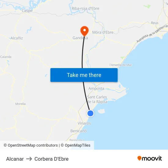 Alcanar to Corbera D'Ebre map