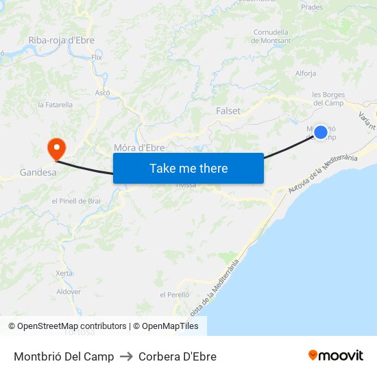 Montbrió Del Camp to Corbera D'Ebre map