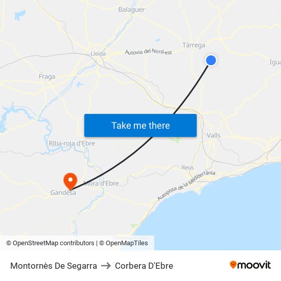 Montornès De Segarra to Corbera D'Ebre map