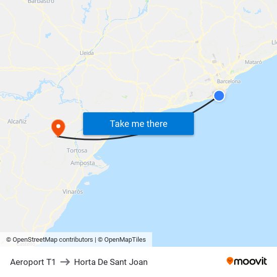 Aeroport T1 to Horta De Sant Joan map