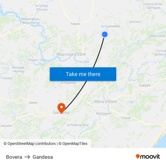 Bovera to Gandesa map